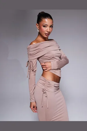 ASOS Soft handle off shoulder ruched long sleeve top in mink