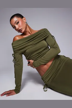 ASOS Soft handle off shoulder ruched long sleeve top in olive