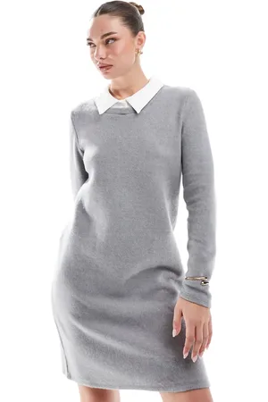 VERO MODA 2 in 1 knitted mini dress with collar in mid melange