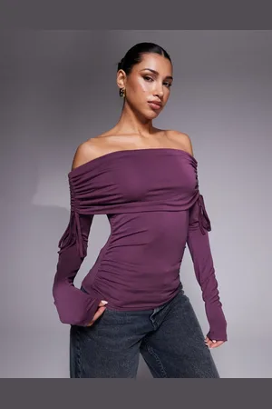 ASOS Soft handle off shoulder ruched long sleeve top in burgundy