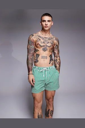 ASOS Seersucker stripe swim shorts in short length in