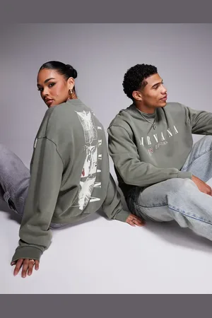ASOS Unisex boxy oversized sweatshirt with Nirvana prints in washed khaki