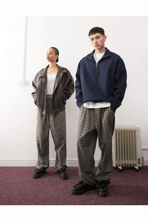 Reclaimed Unisex pull on trouser in grey and blue check
