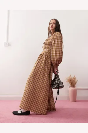 Reclaimed Maxi smock dress with tie front detail in yellow and pink check