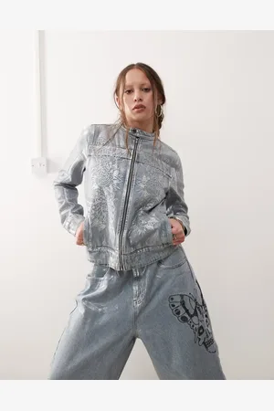 ED HARDY Rose skull motocross denim jacket in bleach co-ord