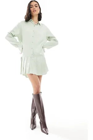 Miss Selfridge Long sleeve drop waist pleated shirt dress