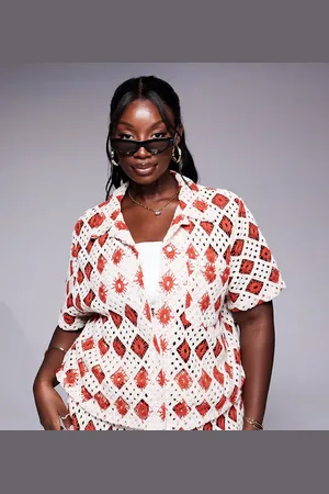 South Beach Crochet short sleeve beach shirt co-ord in cream and rust