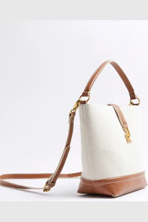 River Island Canvas lock bucket bag in cream