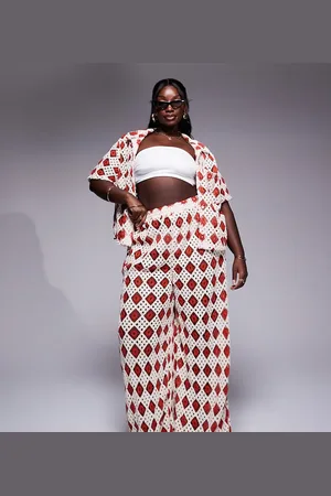 South Beach Crochet beach trouser co-ord in cream and rust
