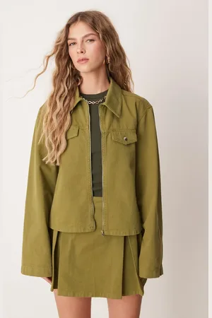 ASOS Cropped denim jacket with zip front co-ord in olive co-ord