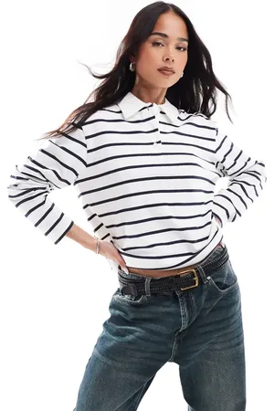 ONLY Stripe long sleeve polo in white &