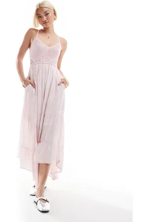 Hollister Crochet & woven mix maxi dress with hanky hem in pink swirl print