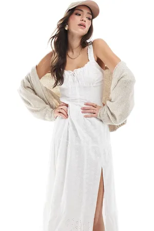 Hollister Embroidered eyelet detail shirred bust maxi dress with thigh split in white