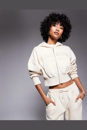 Kaiia Sport embroidered logo cropped zip through hoodie co-ord in cream