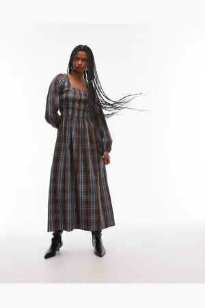 Topshop Shirred long sleeve midi dress in vintage check