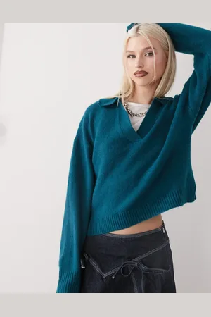 Monki Long sleeve collar polo knitted sweater in teal