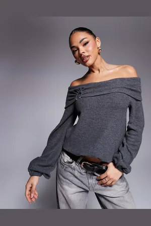 ASOS Super soft slouchy bardot top with hardware metal trim detail in marl