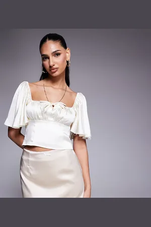 Kaiia Exclusive satin flutter sleeve tie ruched bust milkmaid top in cream
