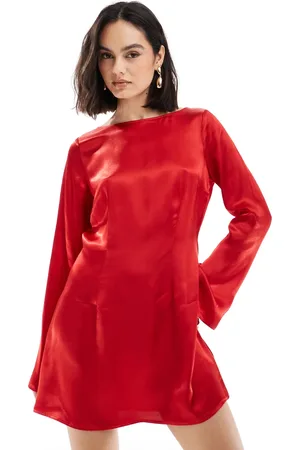 Miss Selfridge Satin fit and flare long sleeve dress in