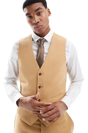 ASOS Slim suit waistcoat with wool in camel basketweave