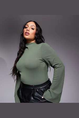 ASOS ASOS DESIGN Curve ribbed bodysuit with flared sleeves in khaki