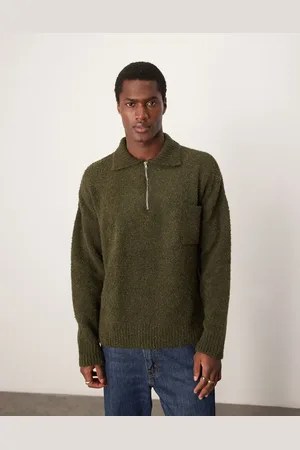 ASOS Oversized boxy fit textured knitted quarter zip polo jumper in khaki with chest pocket - KHAKI