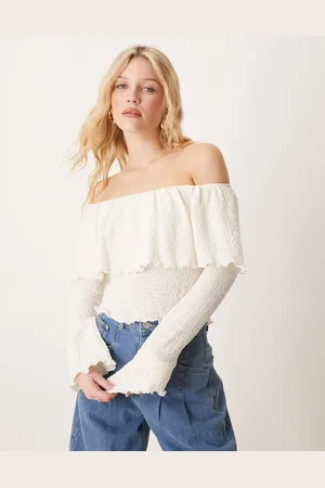 ASOS Wavey textured bardot top with flute cuff detail in cream