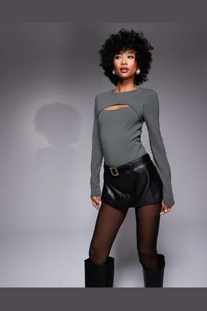 ASOS Long sleeve bodysuit with slash cut out in khaki