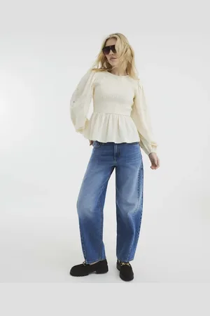 River Island Long sleeve shirred top in cream
