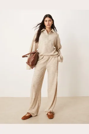 ASOS Brushed rib co-ord wide leg jogger in cream
