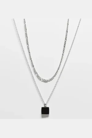 Reclaimed Unisex 2 row necklace with faux black stone pendant in