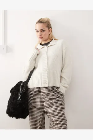 COLLUSION Fluffy textured crew neck cardigan in cream
