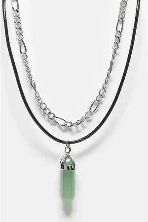Reclaimed Unisex 2 row necklace with faux green gem