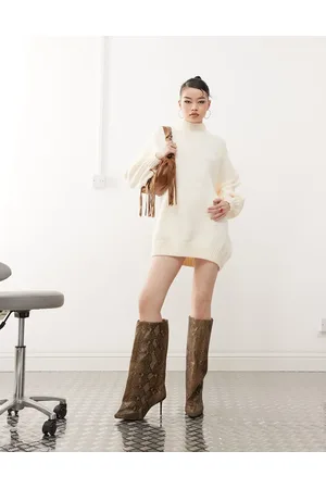Princess Polly High neck balloon sleeve knitted mini jumper dress in beige