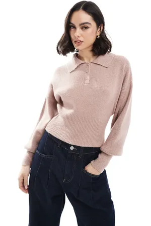 ASOS Knitted polo collar jumper with structured waist detail in stone