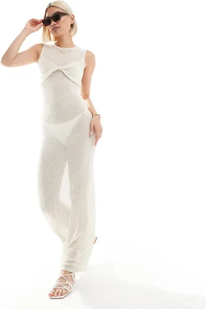 The Frolic Exclusive sleeveless knitted twist bust detail maxi beach dress in cream