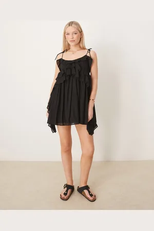 ASOS Scoop neck ruffle mini dress with tie straps in black