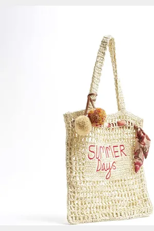 River Island Printed raffia scarf shopper beach bag in beige