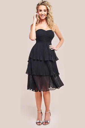 Goddiva Pleated bandeau bodice chiffon tiered midi in