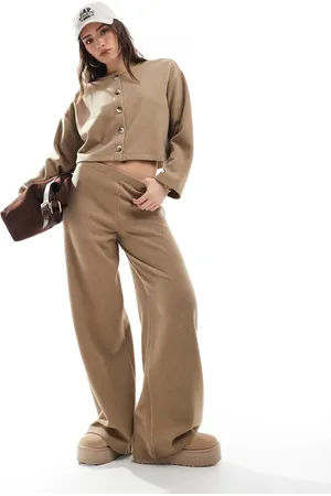 Miss Selfridge Soft rib wide leg trouser in beige