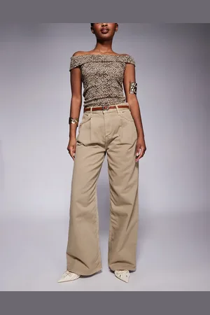 River Island Tailored baggy jean with detachable belt in dark beige