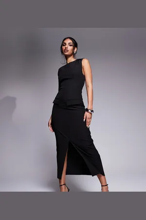 Kaiia Exclusive tailored sleeveless high neck pocket detail split front maxi dress in
