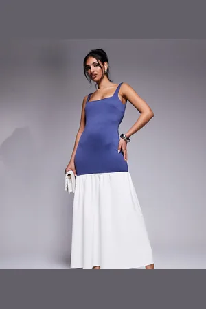 Kaiia Exclusive square neck contrast drop waist maxi dress in dark and cream