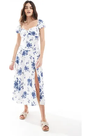Hollister Off shoulder sweetheart midaxi dress with high thigh split in blue florals