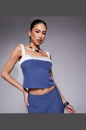 Kaiia Exclusive ruched contrast satin strap detail cami top co-ord in blue