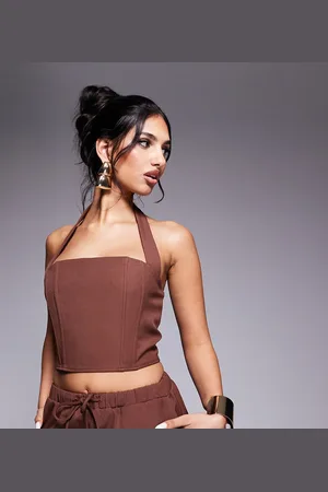 Kaiia Exclusive lace up back halterneck top co-ord in chocolate
