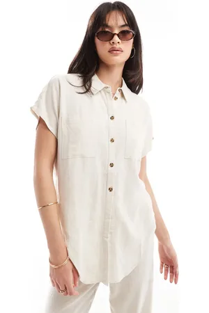 Pieces® Mix & match tie front linen shirt in cream