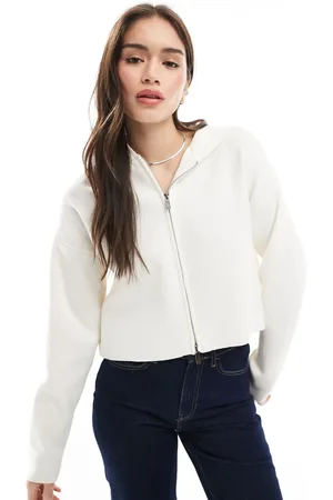 Stradivarius Zip through knit hoodie in ecru