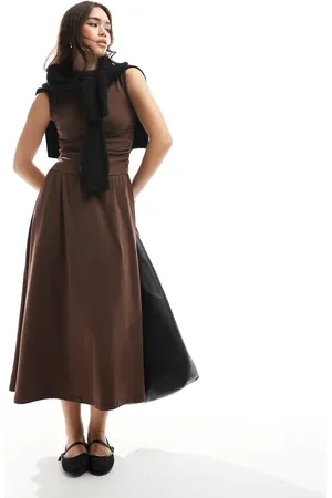 Stradivarius High neck drop waist midi dress in