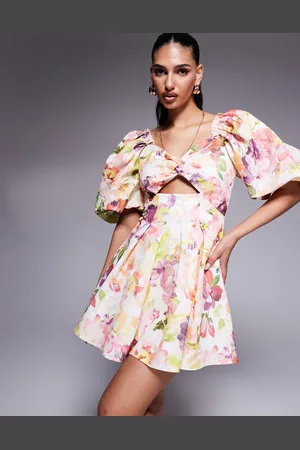 ASOS Printed twisted front puff sleeve skater in floral